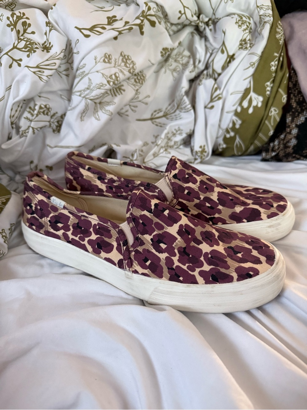 Keds Slip-On Sneakers in Burgundy and Cream Leopard Print